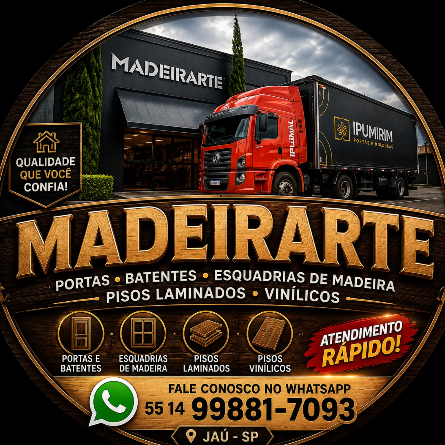 Fachada da loja Madeirarte em Jaú-SP, com caminhão de entrega de portas e esquadrias